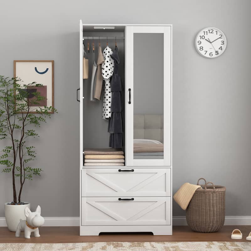 2 Door Wood Wardrobe with Hanging Clothing Rod inside the Cabinet and 2 Drawers, Multifunctional Closet with Mirror