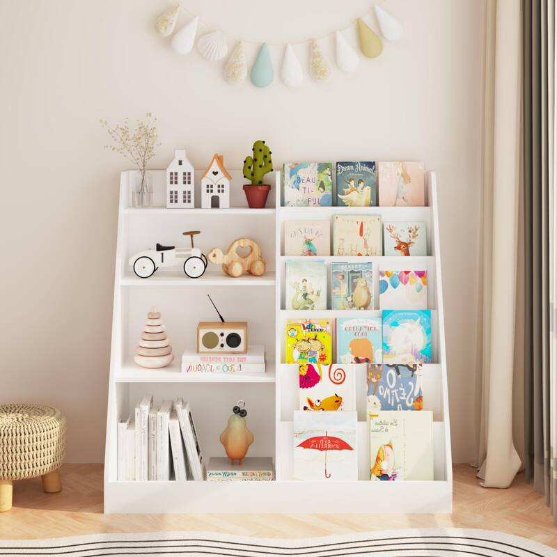 Anmytek Kids Bookcase Large Capacity Trapezoid Bookshelf Eco Friendly Wood Toy Storage Organizer Cabinet