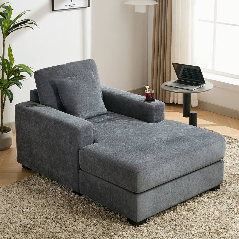 Oversized Chaise Lounger Modern Sofa Couch with Pillows, Charge Station & Cup Holders