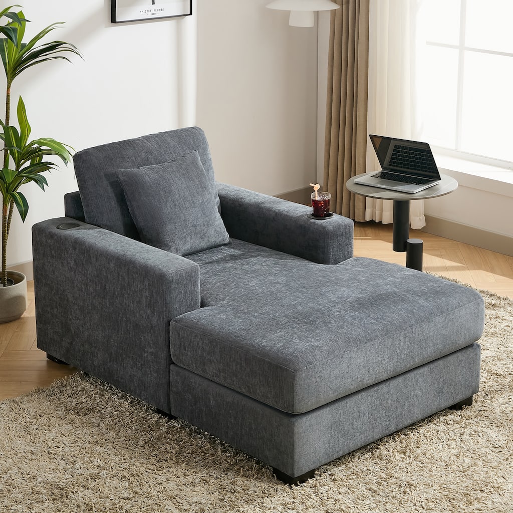 Oversized Chaise Lounger Modern Sofa Couch with Pillows, Charge Station & Cup Holders