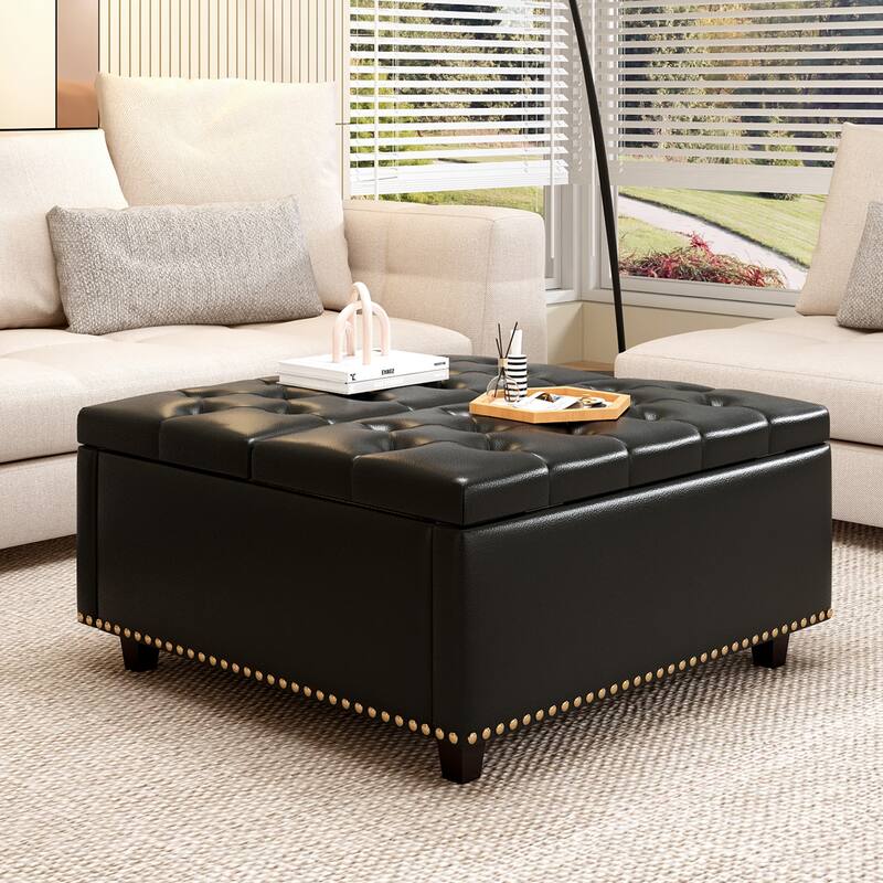 Black PU Leather Square Chair with Storage, Mid-Century Modern Coffee Table