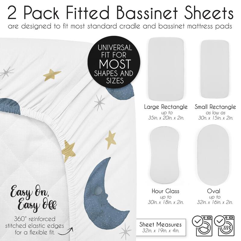 Sweet Jojo Designs Moon & Star Boy, Girl, Unisex/Gender Neutral 2 Pack Baby Bassinet Fitted Sheets - Solid Blue & Celestial, Sky
