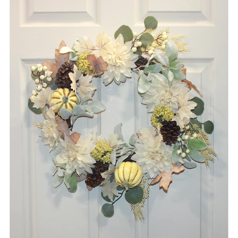 22" Artificial Fall Dahlia Pumpkin Pine Cone Wreath on Natural Twig Base - 22