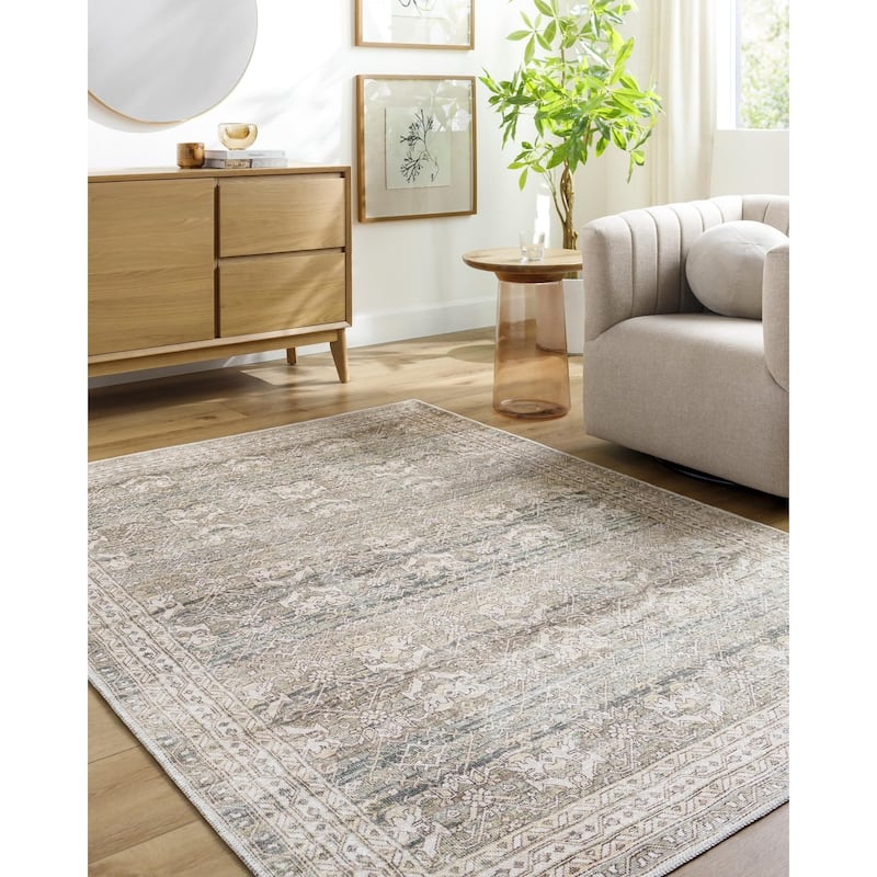 Livabliss Amelie Traditional Border Indoor/Outdoor Area Rug - Medium Green - 6'7" x 9'