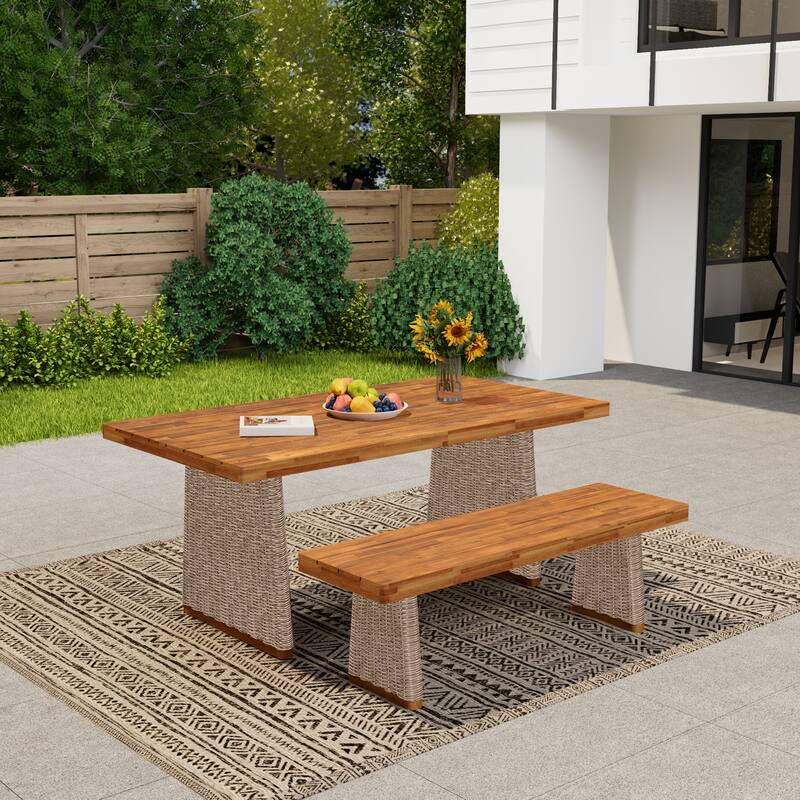 Outdoor Acacia Wood Dining Table Set with 1 Table and 1 Bench - Brown,Teak
