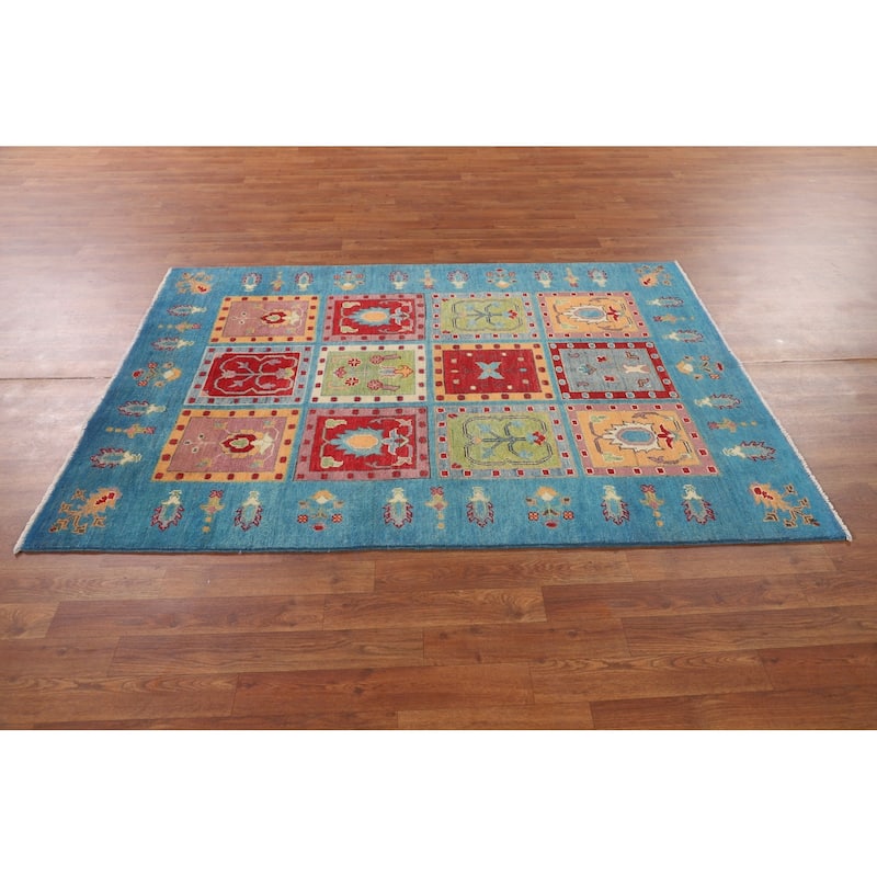 Garden Design Blue Kazak Accent Rug Handmade Wool Carpet - 4'1" x 6'0"