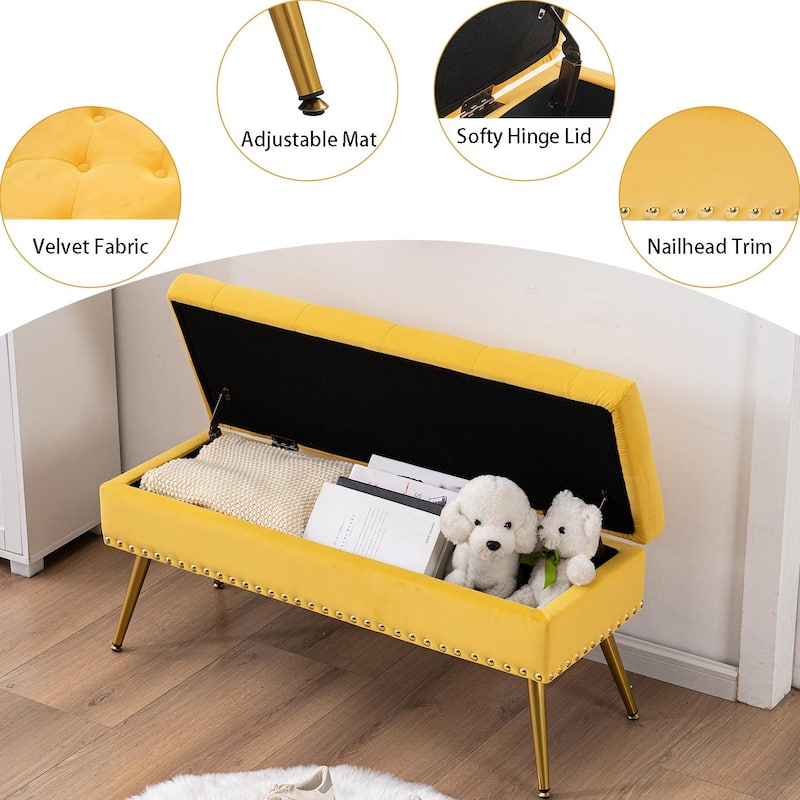 Velvet Storage Ottoman Bench with gold legs and Nailhead Trim for Bedroom/End of Bed/Entryway/Window