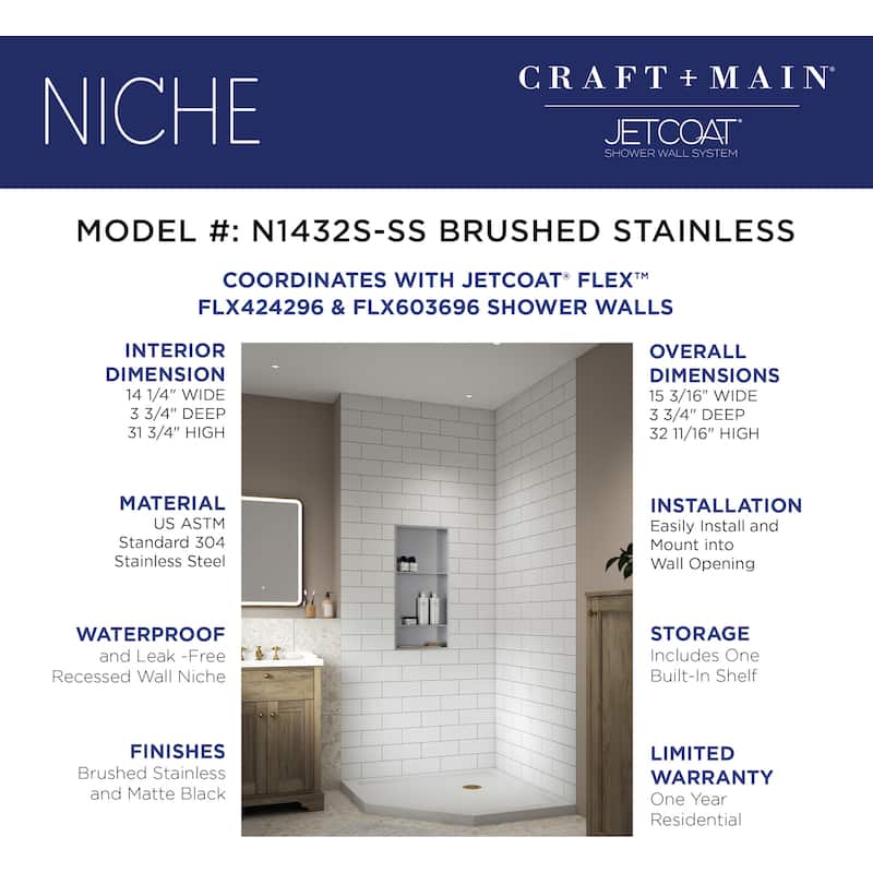 CRAFT + MAIN N1432S 32" x 14" Shower Niche