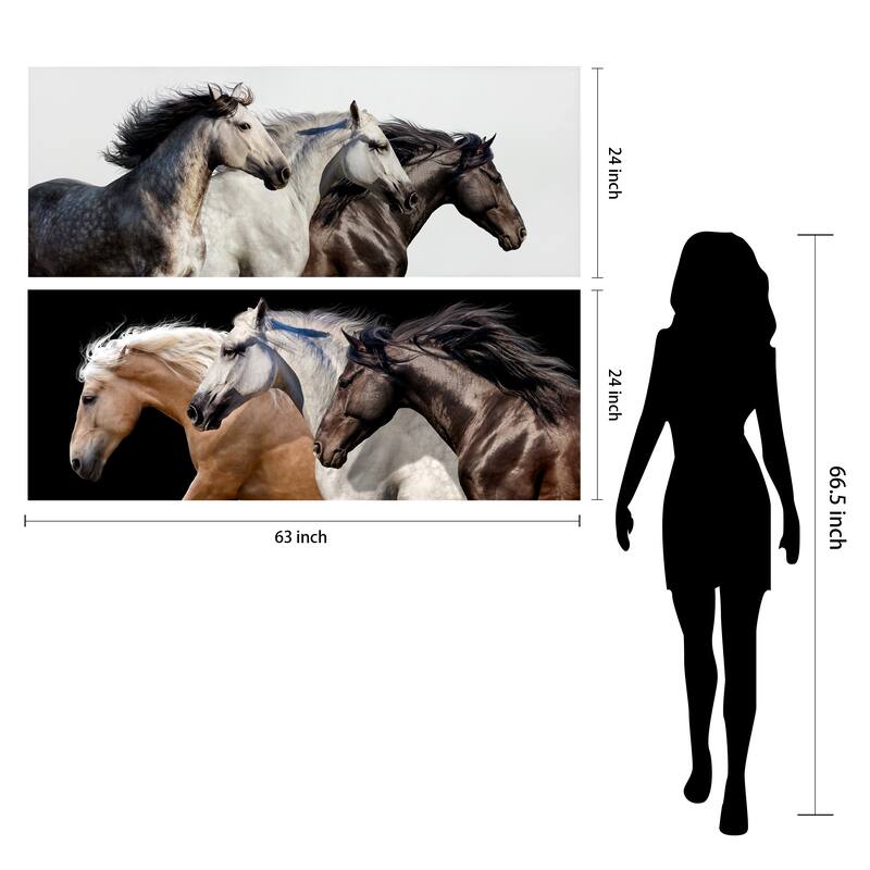 Horse Glass Wall Art Printed on Frameless Free Floating Tempered Glass Panel - Black