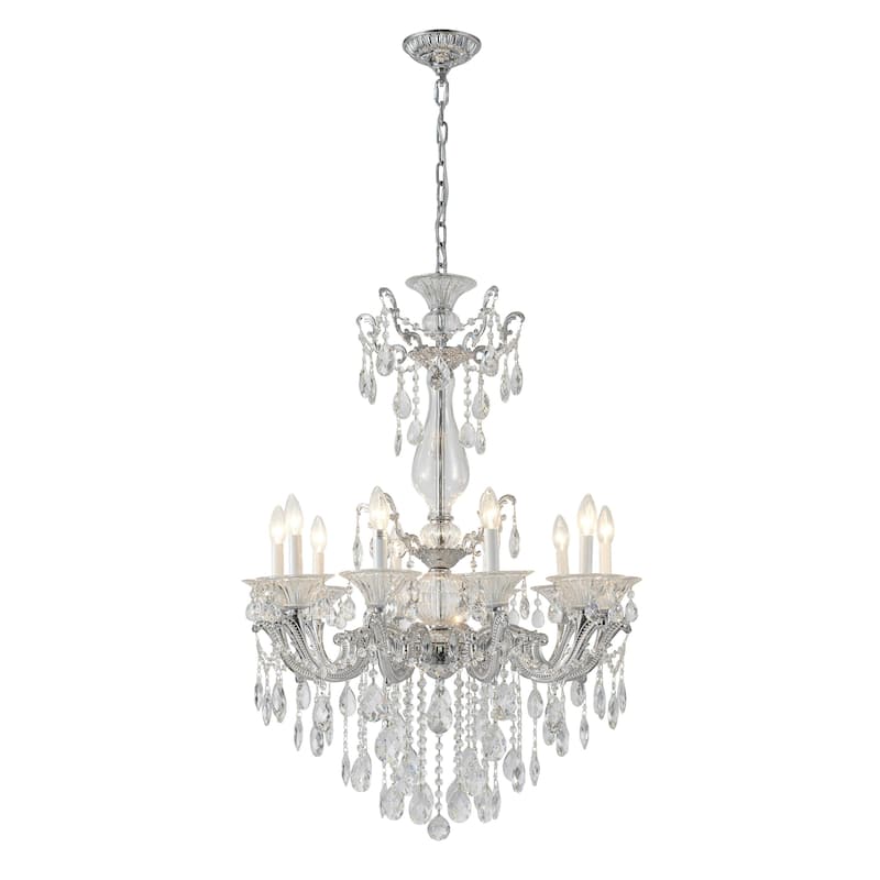 10-Light Chrome Metal Chandelier With Clear Hanging Crystals
