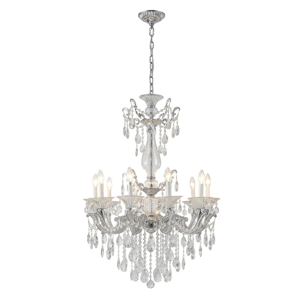 10-Light Chrome Metal Chandelier With Clear Hanging Crystals