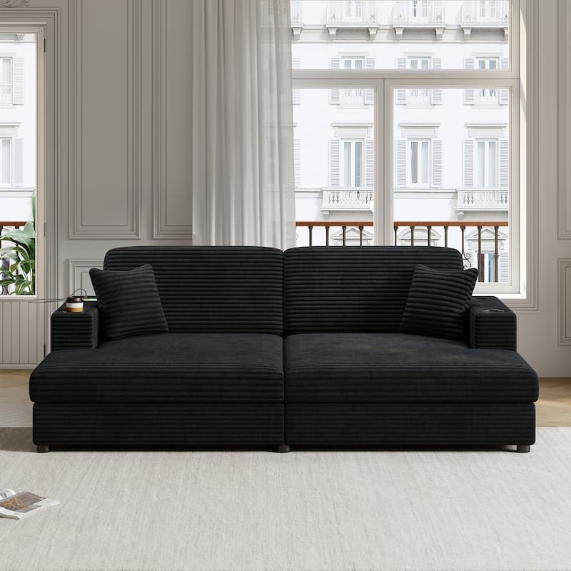 Roomfitters Oversized Loveseat Chaise Lounge Sectional Sofa Bed, Corduroy Sleeper with USB Ports, Cup Holders