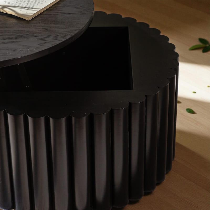 27.6'' Round Wooden Lift-Top Coffee Table with Hidden Storage, Handcrafted Relief Pedestal Tea Table for Living Room