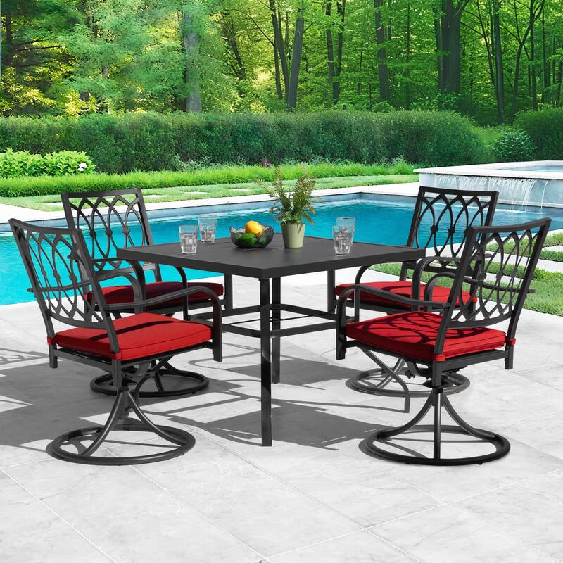 Metal Patio Dining Set with Umbrella Hole, Swivel Chairs with Cushions