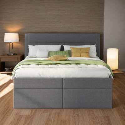 2 Storage Underneath Platform Bed, Queen Size Wooden Upholstered Bed with Headboard, Floor Bed with Sturdy Frame, Gray