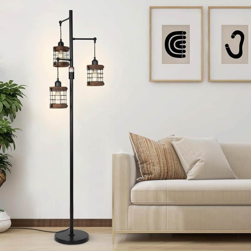 Airposta Dimmable Industrial Floor Lamp - 3-Light Wood & Metal Cage Floor Lamp