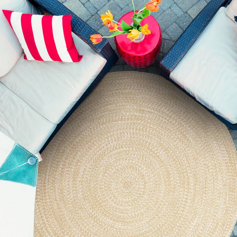 Superior Modern Rustic Bohemian Reversible Multi-Tone Braided Indoor Outdoor Area Rug - 4' Round - Cream-White