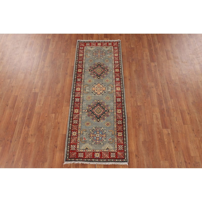 Geometric Kazak Oriental Runner Rug Hand-Knotted Grey Wool Carpet - 2'3" x 5'11"