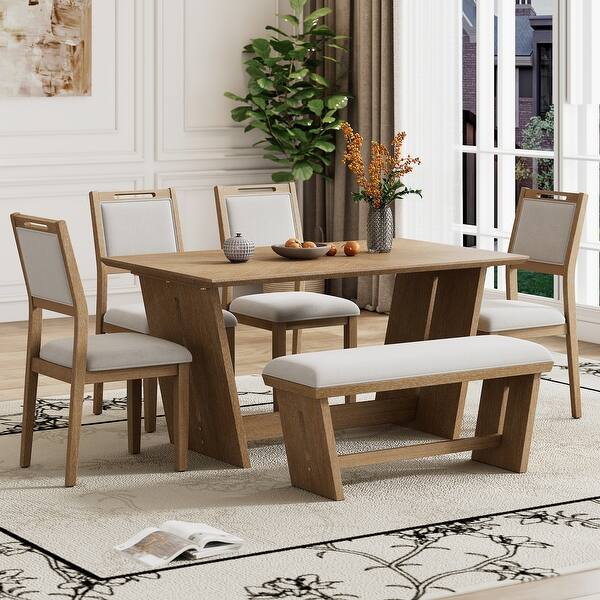 6-Piece Dining Set w4 Upholstered Dining Chairs and Trapezoidal