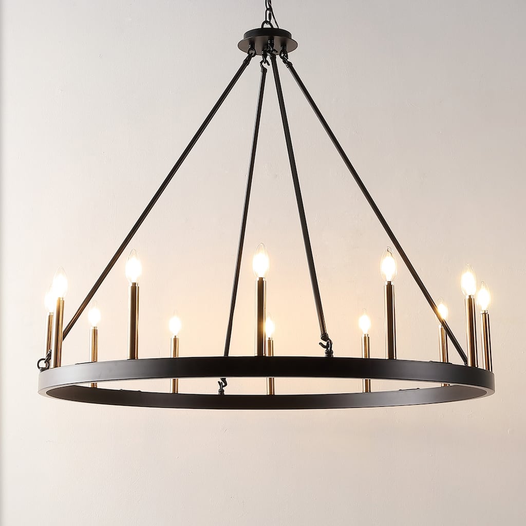 SAFAVIEH Chandelier Edelgard 42" Glam Chandelier (12-Bulb) - 42" W x 42" D x 99" H - Matte Black/Gold