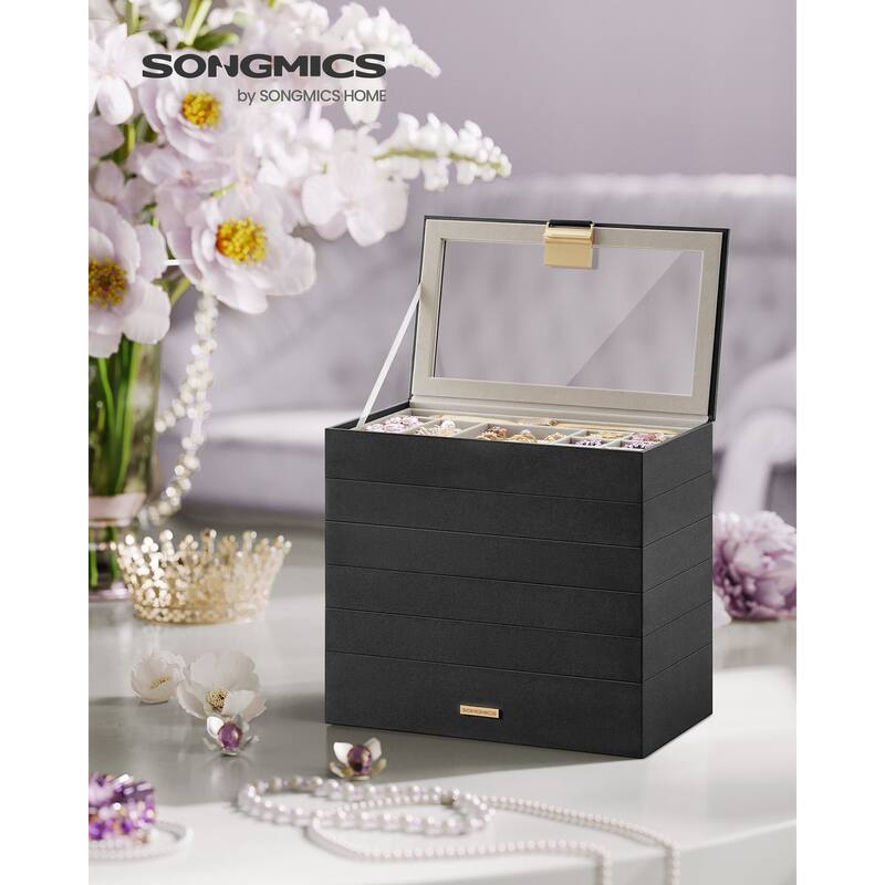 Multi-Layer Jewelry Storage Box with Stackable Trays and Soft Velvet Interior Protection and Glass Lid