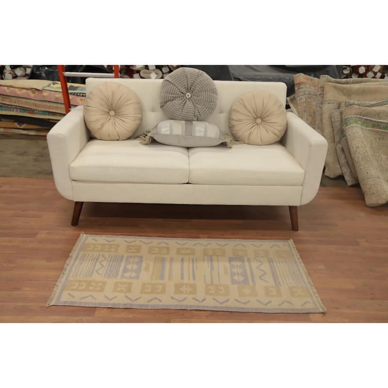 Hand Woven Oriental 100% Wool Carpet Southwestern Tribal Beige & Ivories Kilim Area Rug - 4' 3'' X 2' 1''