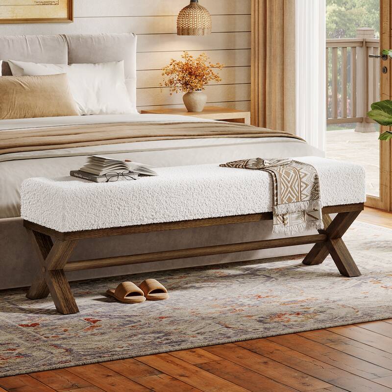 51.18-Inch Entryway Bench, Upholstered Solid Wood End of Bed Bench