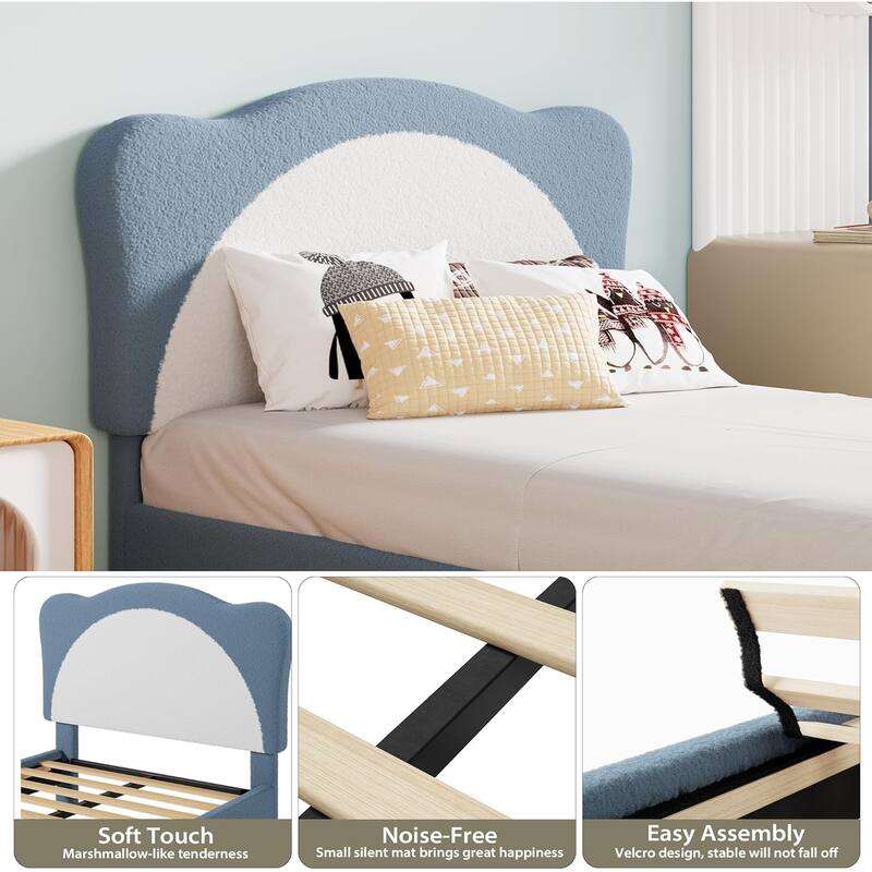 Velvet Kids Bed Frame with Adjustable Scallop Headboard, Princess Style Platform Bed, Solid Wood Slats