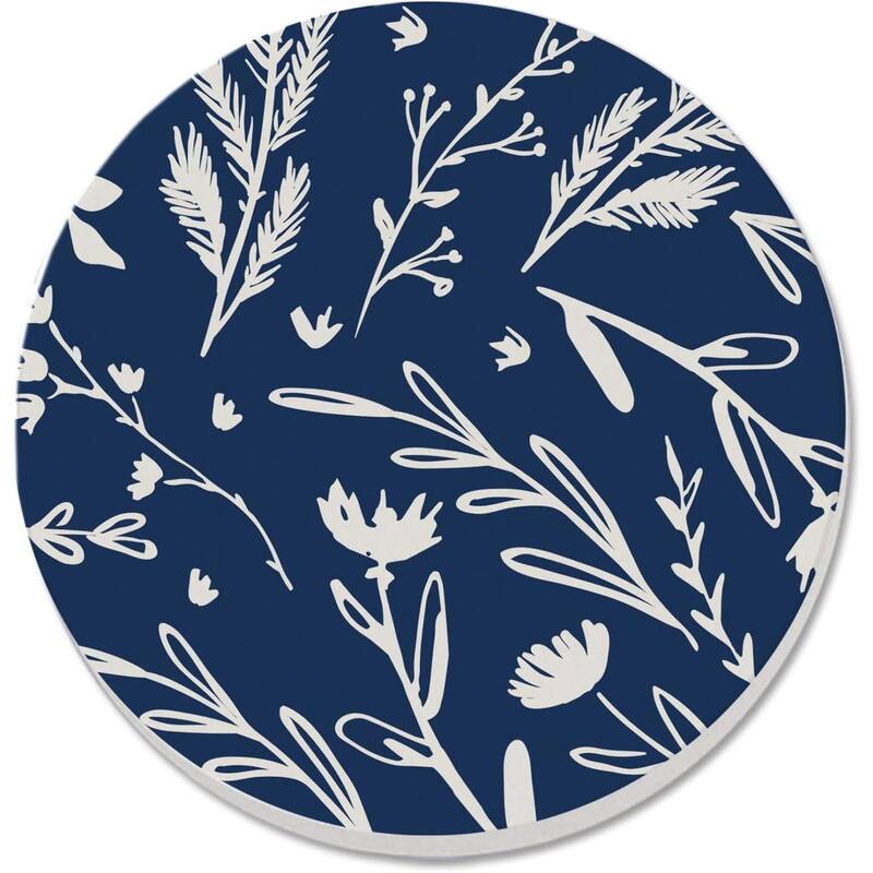 Navy & White Floral Sketch 4 Pack Absorbent Stone Coaster with Cork Backing Made in The USA 4" Round, Blue & White, Wipes Clean - Multi