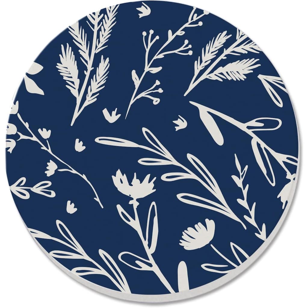 Navy & White Floral Sketch 4 Pack Absorbent Stone Coaster with Cork Backing Made in The USA 4" Round, Blue & White, Wipes Clean