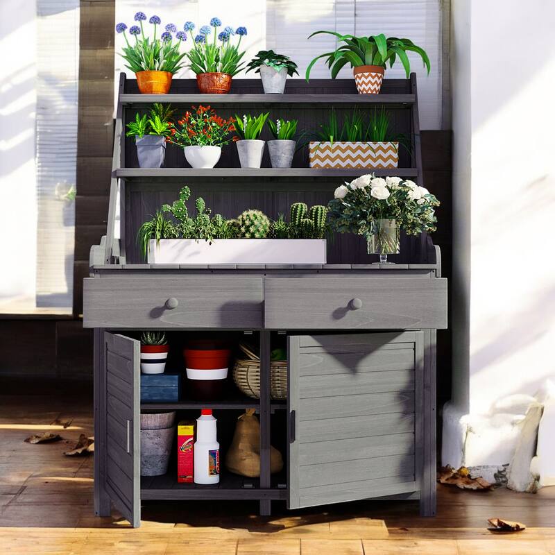 65" Garden Potting Bench Table with Storage Shelves, Drawers, and Cabinet – Fir Outdoor Planting Station with Storage Shelves - Grey