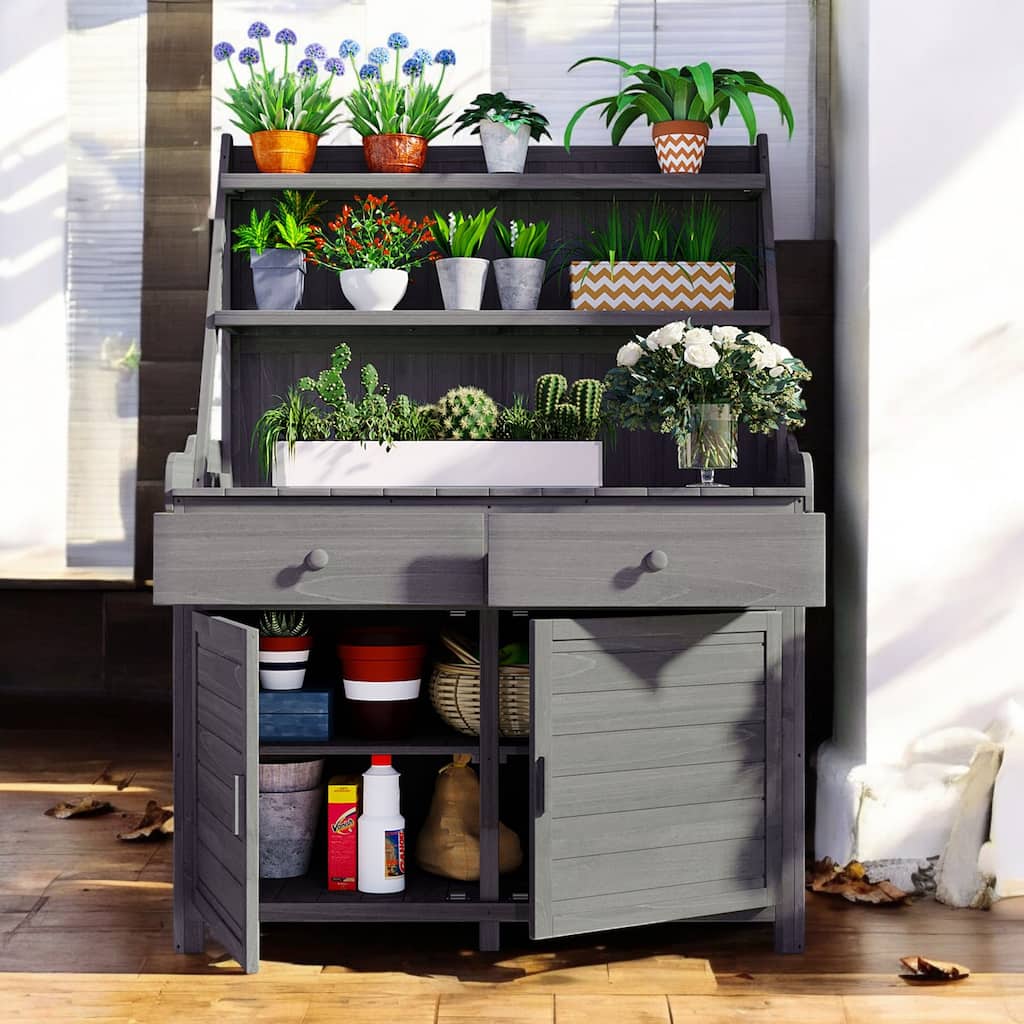 65" Garden Potting Bench Table with Storage Shelves, Drawers, and Cabinet – Fir Outdoor Planting Station with Storage Shelves