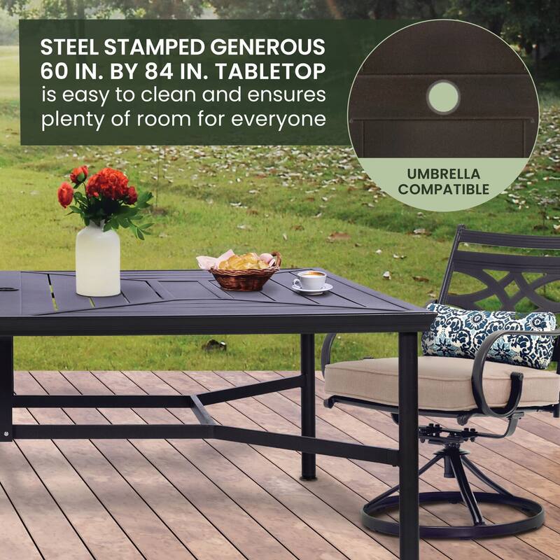 Hanover Montclair 11-Piece Dining Set in Tan with 10 Swivel Rockers, 60-In. x 84-In. Table, 11-Ft. Umbrella and Umbrella Stand