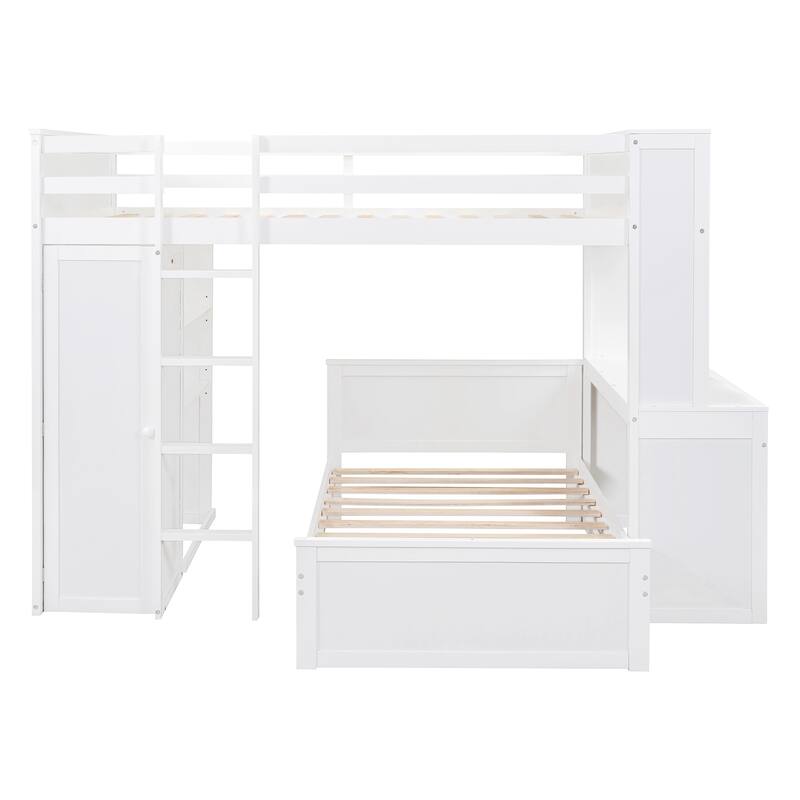 Space-Saving Full Size Loft Bed with Twin Bed, Shelves, Desk, and Wardrobe in White