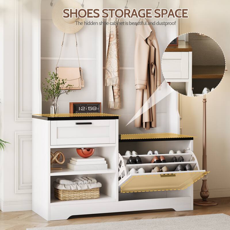 6 in 1 Hall Tree with Bench and Shoe Storage, Entryway Organizer with Flip Shoe Cabinet, Hooks and Drawer