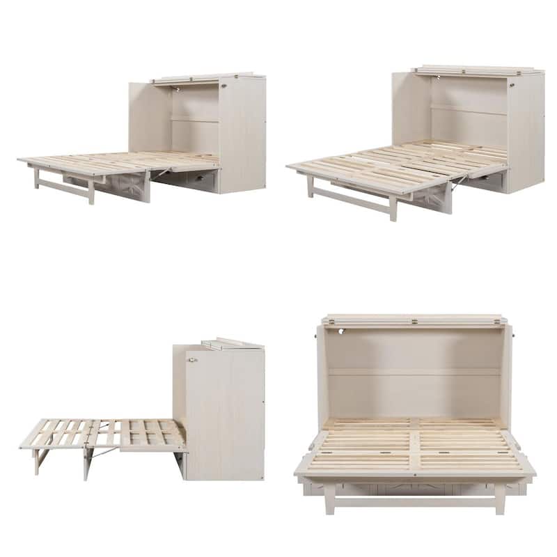 Full Size Wood Murphy Bed with Drawer,USB Port and Three-Prong Outlets