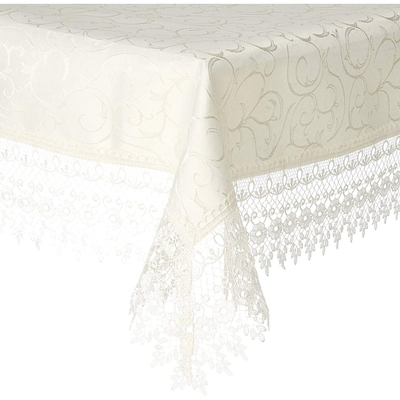 Violet Linen Flower Bow Vintage Lace Pattern Tablecloths - 70" X 108" - Beige