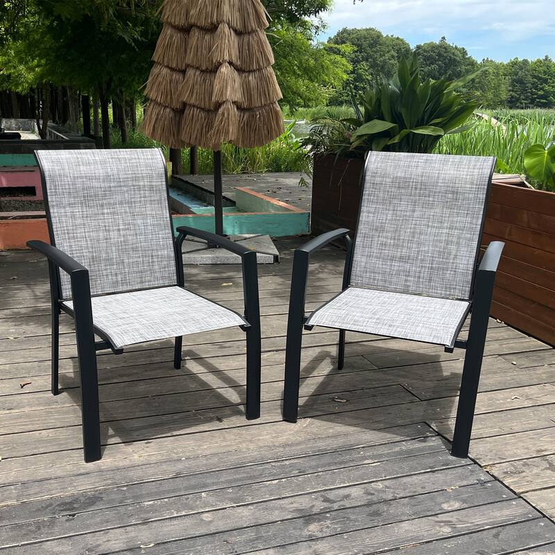 Garden Patio Chairs Set Of 2, All Weather Metal Outdoor Dining Chairs, Garden, Poolside, Black Color Frame