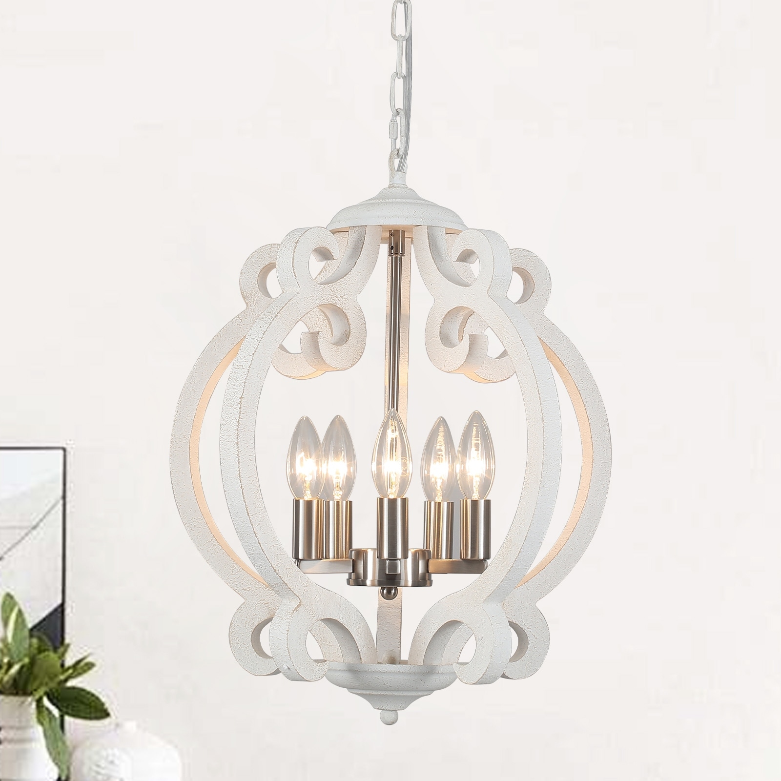 15.75“ 5-Light Rustic Pendant Light, Wood Ceiling Light Farmhouse Shabby Chic Chandelier, Classic Semi Flush Mount Chandelier