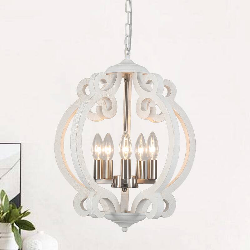15.75“ 5-Light Rustic Pendant Light, Wood Ceiling Light Farmhouse Shabby Chic Chandelier, Classic Semi Flush Mount Chandelier