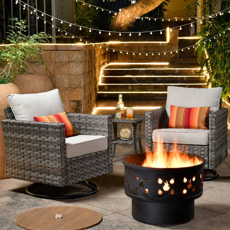 HOOOWOOO 4-piece Wicker Patio Swivel Chair Set with Wood Burning Fire Pit