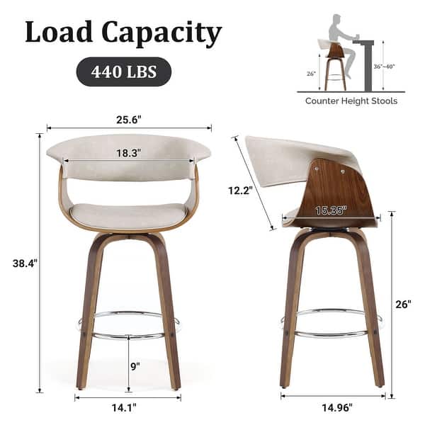 dimension image slide 12 of 14, 26"/29" Faux Leather Swivel Bar Stools, Wood Counter Stool