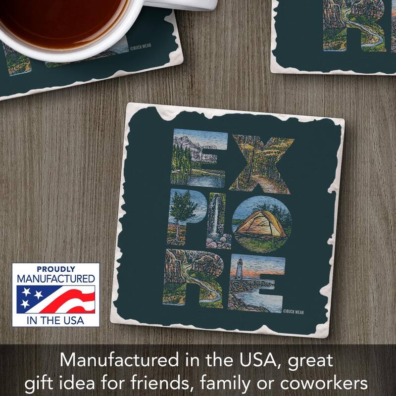 Explore 4 Pack Tumbled Tile Stone Coaster with Protective Cork Backing Manufactured in The USA 4" Square