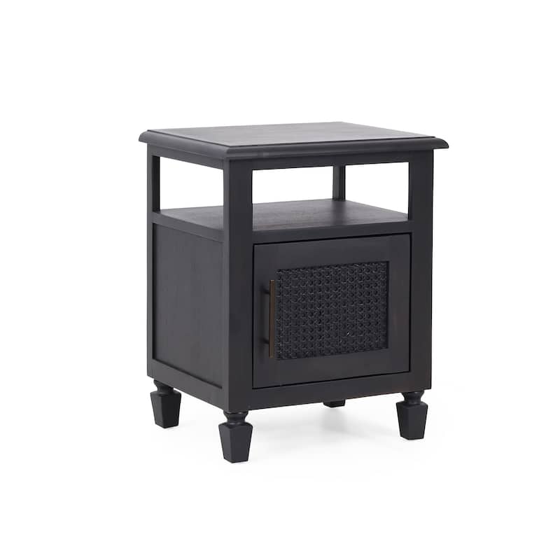 Roomfitters Modern Wood Nightstand with Open Shelf and Cabinet, Accent Side Table with Textured Door and Brass Handle, Dark Grey