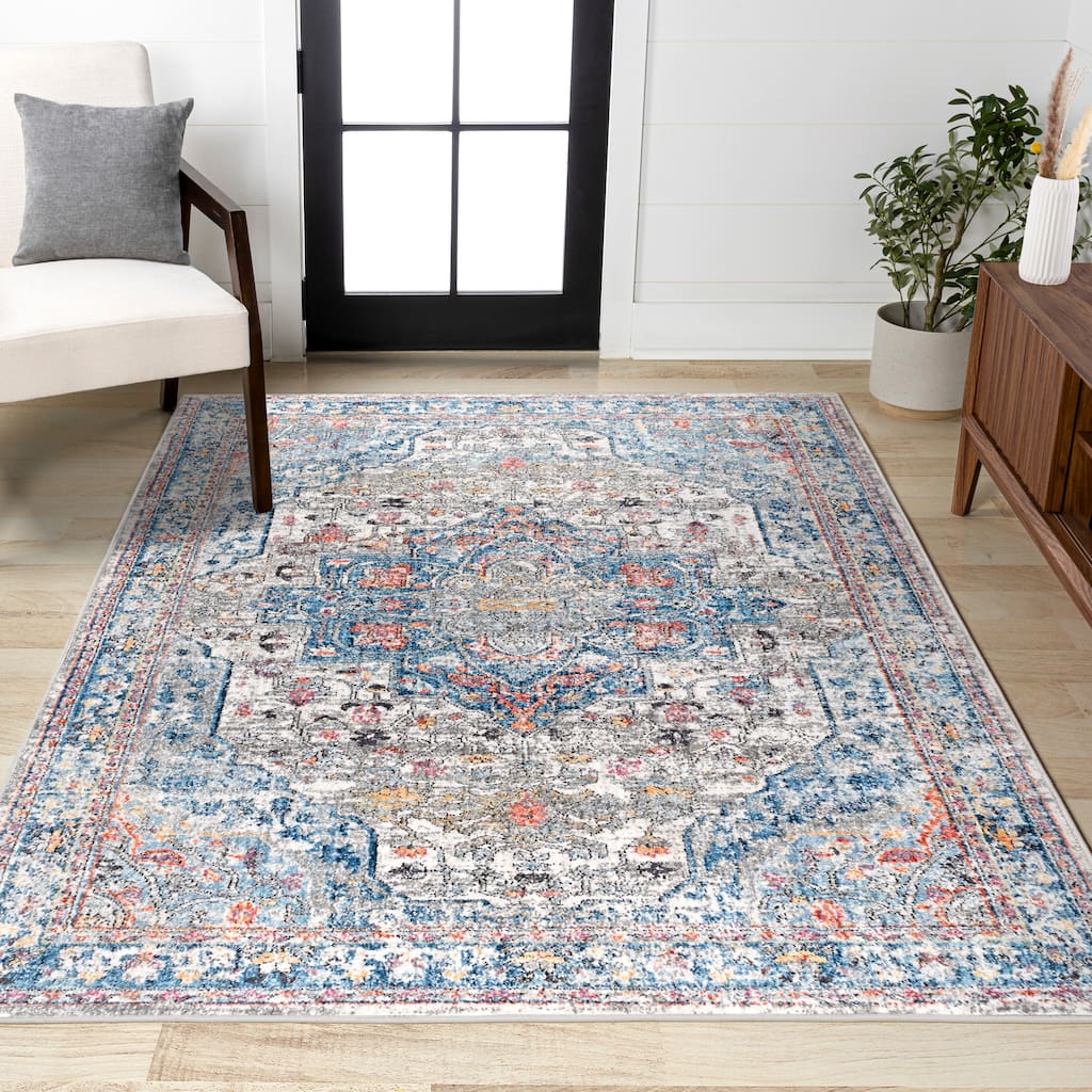 Kesan Vintage Medallion Ivory/Peacock Blue/Coral Area Rug