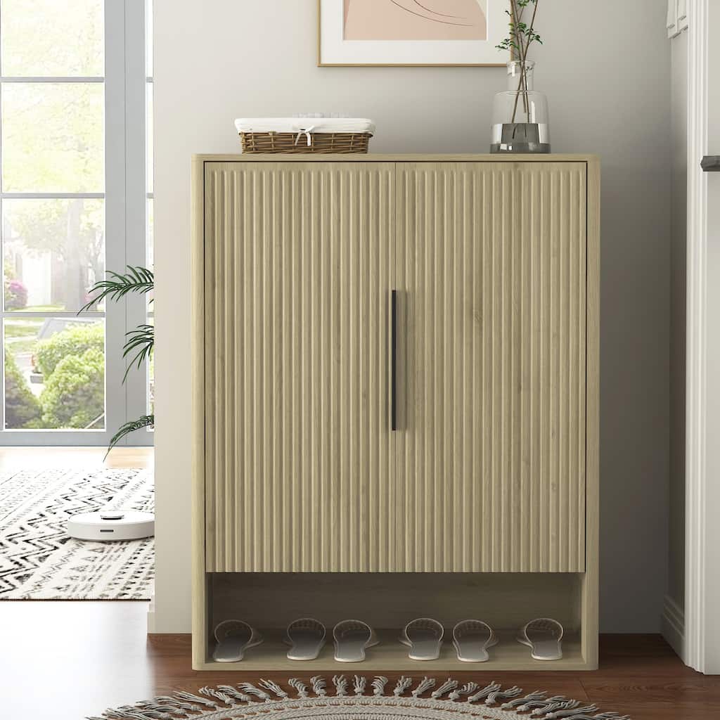 Modern Wooden Shoe Storage Cabinet Organizer with Doors & Adjustable Shelves