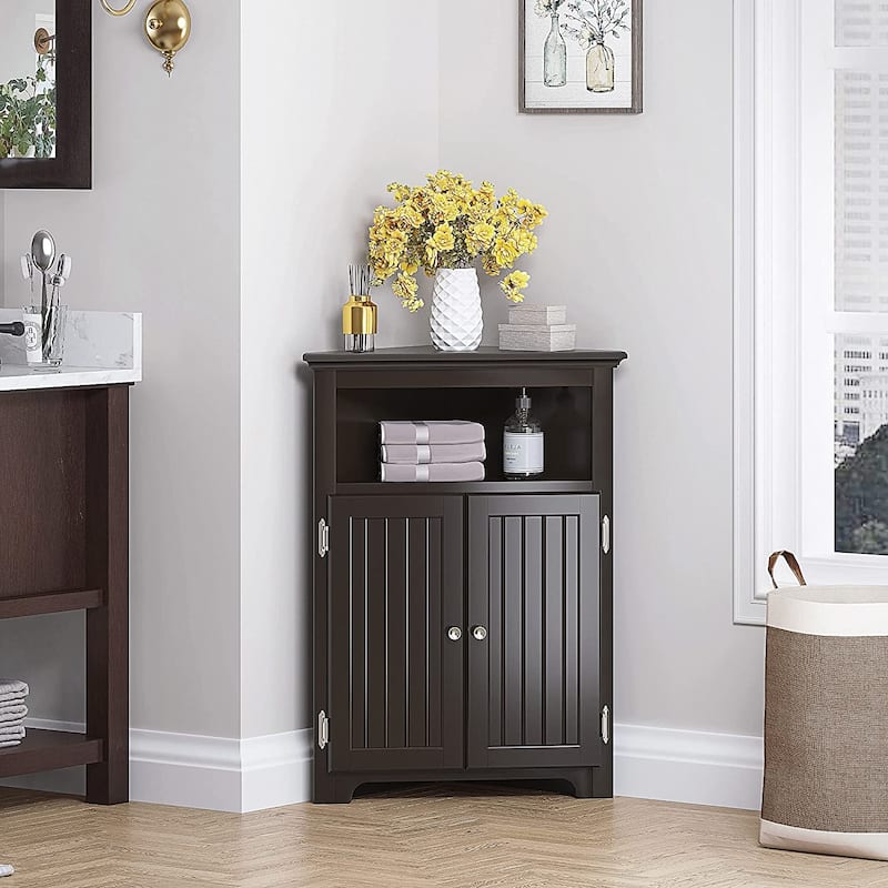 UTEX Corner Free Storage Cabinet, Bathroom Floor Corner Cabinet with Doors and Shelves for Bathroom, Kitchen, Living Room, White