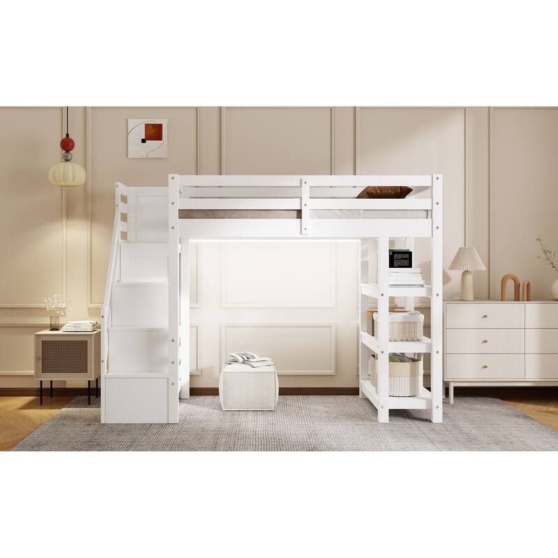 Wooden Loft Bed Frame with 4-tier Storage Shelf, Small Wardrobe, White LED Light and Storage Staircase, Space Saving Storage Bed