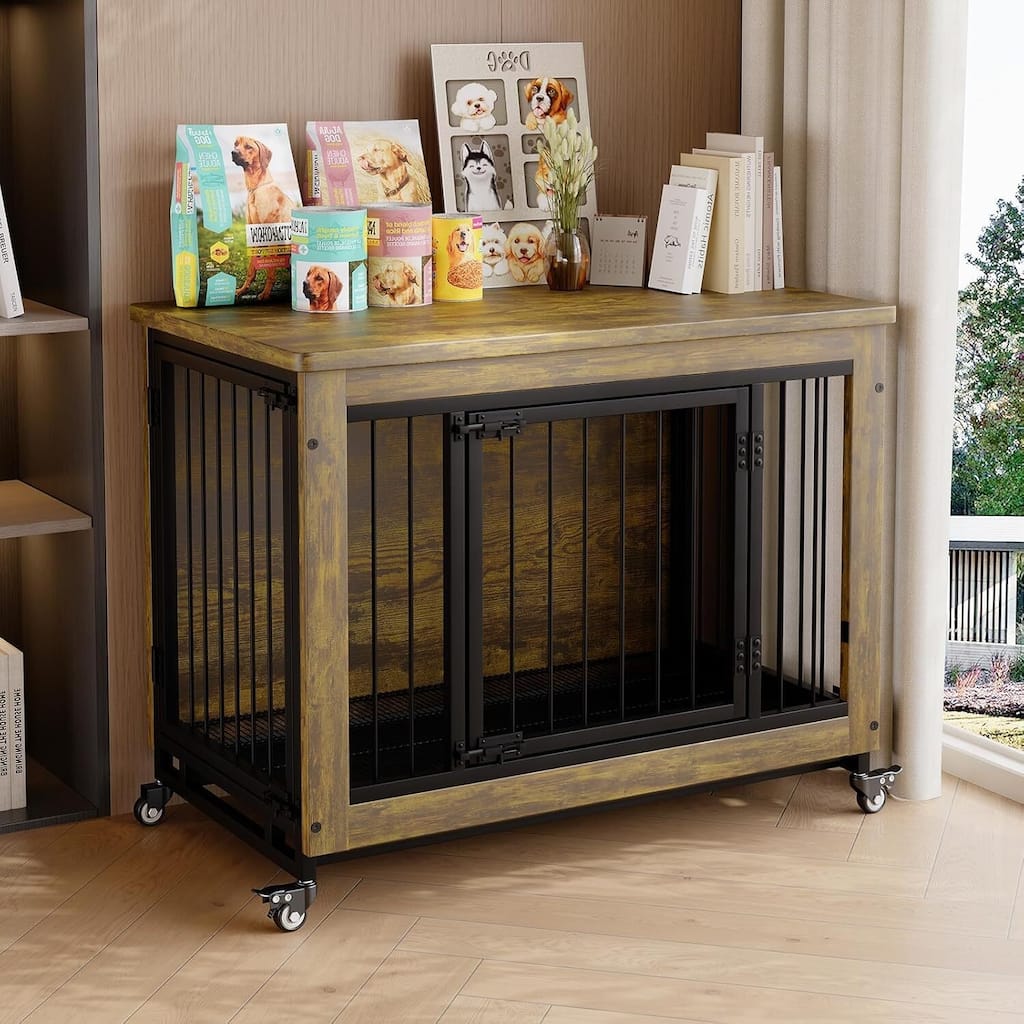 Rustic Dog Crate Furniture, Pet Crate with Wheels & Removable Tray for Small to Medium Dogs