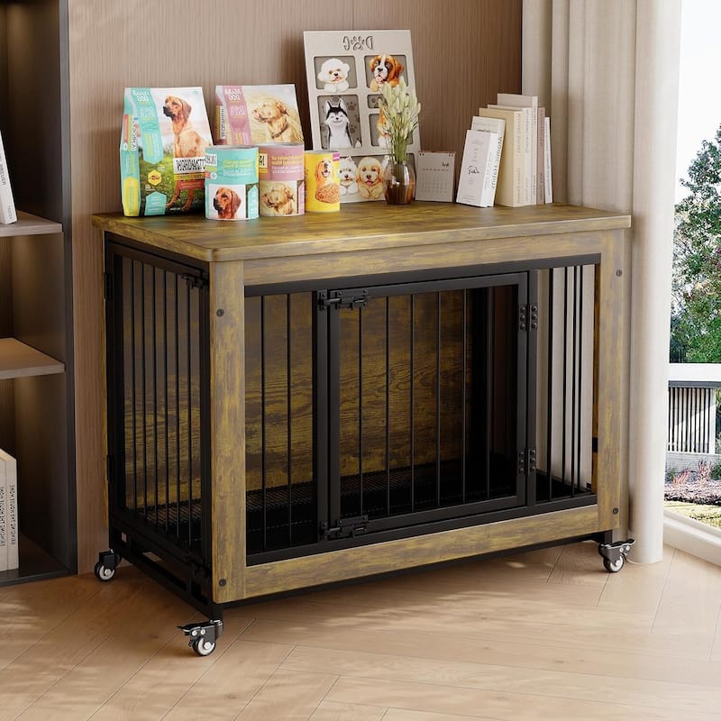 Rustic Dog Crate Furniture, Pet Crate with Wheels & Removable Tray for Small to Medium Dogs - Brown